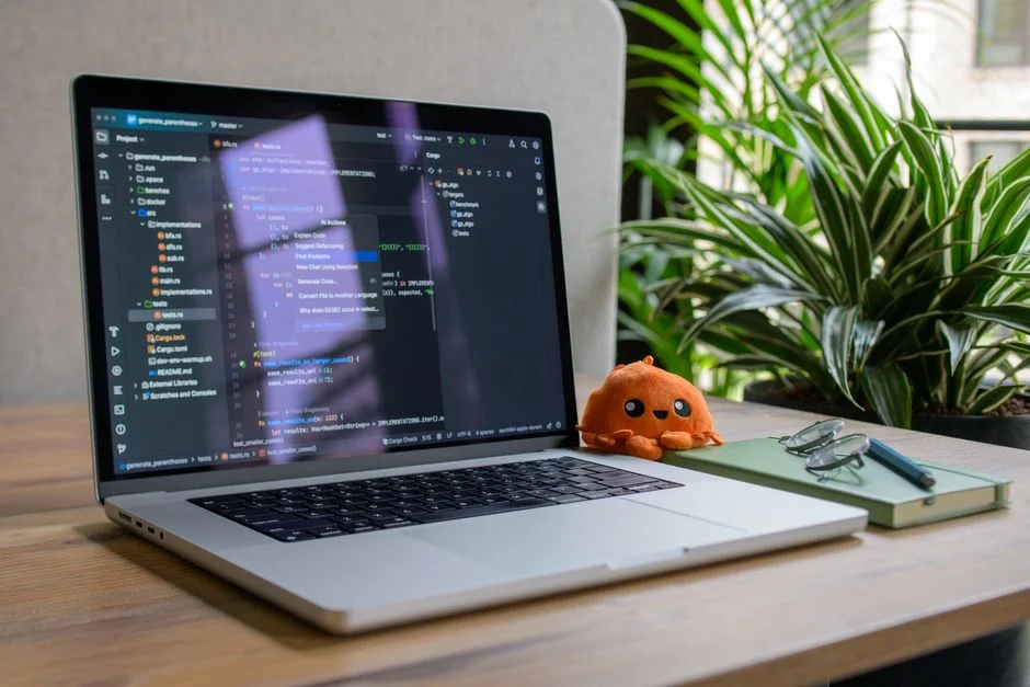 Un homme retouche une image de fruit sur un MacBook Pro, assis dehors sur l’herbe.